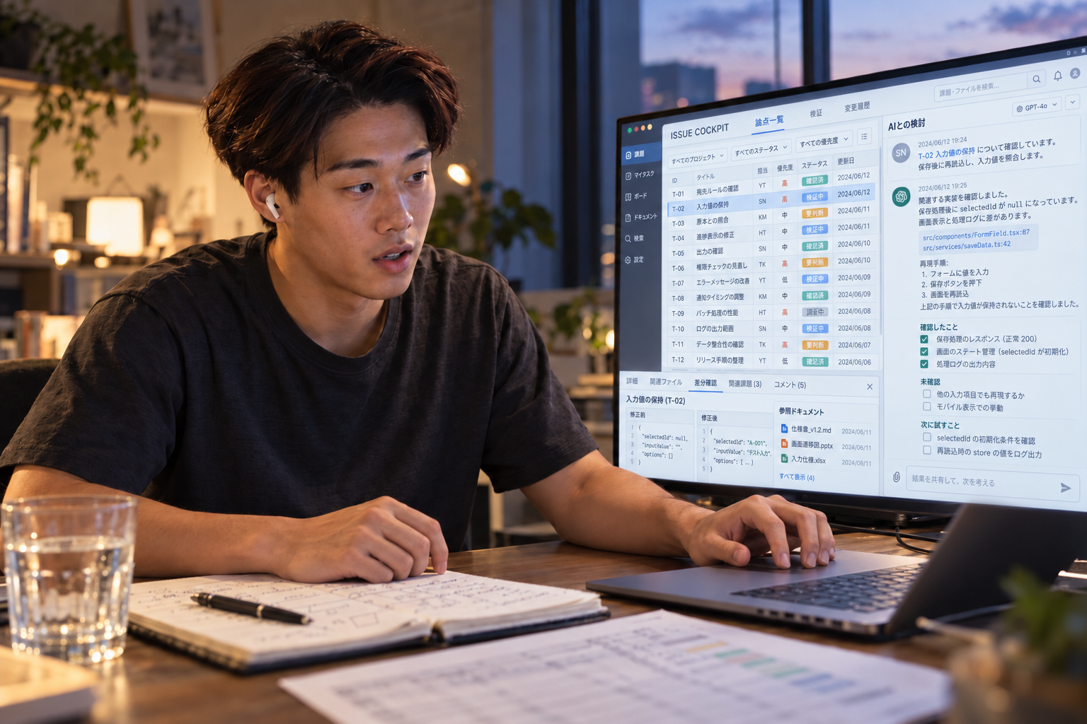 越智さんがAIと対話しながら、仕事の課題と改善内容を画面で確かめるイメージ