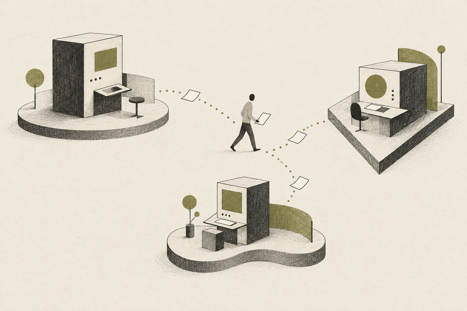 A small person carries paper messages between three different workspaces. An abstract illustration on ivory paper.