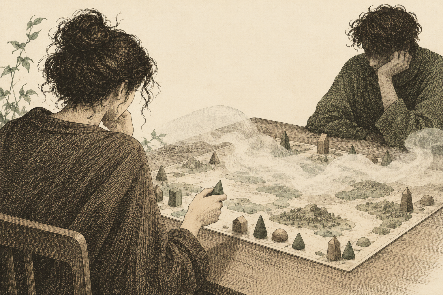 Two players consider a board veiled in mist, one poised to move a piece.